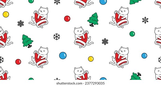 cat seamless pattern Christmas tree Santa Claus hat kitten calico neko candy snowflake vector pet doodle snowflake cartoon gift wrapping paper tile background repeat wallpaper illustration scarf isola