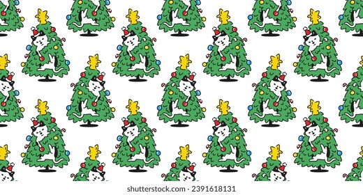 cat seamless pattern christmas tree pet illustration doodle