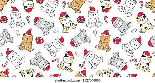 Cat Seamless Pattern Christmas Vector Santa Claus Hat Kitten Candy Cane Gift Box Cartoon Scarf Isolated Repeat Wallpaper Tile Background Illustration Doodle Design