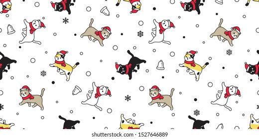 Cat Seamless Pattern Christmas Vector Santa Claus Hat Kitten Snowflake Bell Cartoon Scarf Isolated Repeat Wallpaper Tile Background Illustration Doodle Design