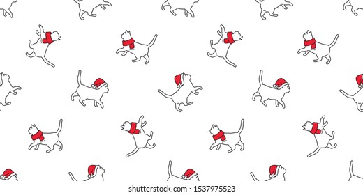 cat seamless pattern Christmas vector Santa Claus hat kitten walking cartoon scarf isolated repeat wallpaper tile background doodle illustration white design