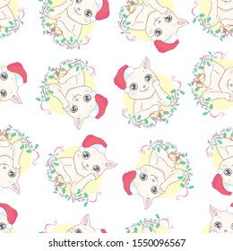 Cat seamless pattern Christmas vector Santa Claus Hat Xmas kitten cartoon isolated tile background repeat wallpaper illustration