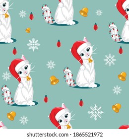 Cat seamless pattern. Christmas vector cartoon Santa Claus with bell and red lamp.