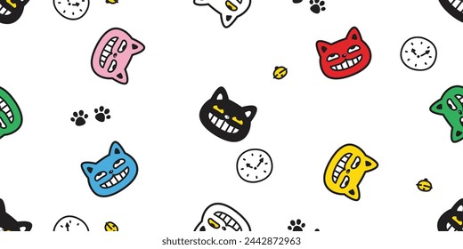 cat seamless pattern clock kitten smile vector calico head face munchkin neko pet cartoon doodle gift wrapping paper tile background repeat wallpaper illustration isolated colorful design