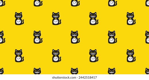 cat seamless pattern clock vector black kitten smile calico munchkin neko pet cartoon doodle gift wrapping paper tile background repeat wallpaper illustration isolated design