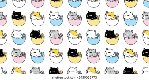 cat seamless pattern coffee cup kitten calico neko vector hot tea pet cartoon doodle pastel color tile background gift wrapping paper repeat wallpaper scarf isolated illustration design