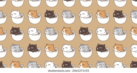 cat seamless pattern coffee cup kitten calico neko vector hot tea pet cartoon doodle tile background gift wrapping paper repeat wallpaper scarf isolated illustration brown design