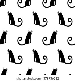 Cat seamless pattern. Cute cartoon sitting cat vector illustration. Child drawing style kitty background. 