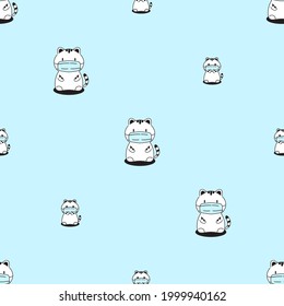 Cat seamless pattern, Cute cats wear a masks on blue background.	