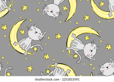 Cat seamless pattern with cute character. Funny animal dream cats with stars, moon. Cartoon drawing for baby, kids, and children fashion textile print.