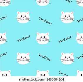 Cat seamless pattern. Cute cat face says meow. Vector illustration