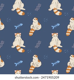 Nahtloses Katzenmuster. Nette handgezeichnete Vektorillustration. Creative Cartoon texturiert Druck für Stoff, Verpackung, Textil, Bildschirmhintergrund, Bekleidung. Ginger persische Katzenkunst.