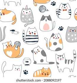 Patrón sin costuras de gato, fondo kawaii lindo, ilustración vectorial