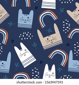 Cat seamless pattern with cute Kittens in different style. Creative childish texture. Great for baby and kids fabric, textile Vector Illustration