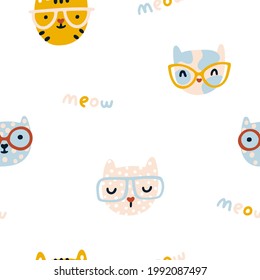 Cat seamless pattern. Cute kittens with glasses. Nursery characters in a simple hand-drawn naive cartoon Scandinavian style. Pastel palette. For baby fabrics, textiles, T-shirts. White background.