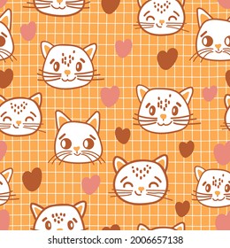 Cat seamless pattern. Cute kittens and hearts on a background in a cage. Childrens characters in hand-drawn cartoon scandinavian style. Pastel palette. For children's fabrics, textiles, stationery.