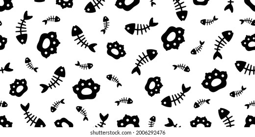 cat seamless pattern fish bone paw kitten footprint calico vector pet scarf isolated repeat background cartoon animal tile wallpaper illustration doodle design