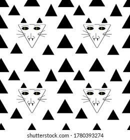 cat Seamless pattern with grunge black triangles.cat alien cartoon.Triangle geometric design.
