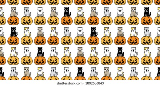 cat seamless pattern Halloween pumpkin kitten cartoon vector scarf isolated repeat wallpaper tile background character doodle illustration design