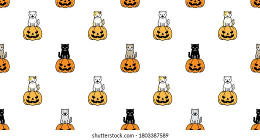 cat seamless pattern Halloween pumpkin kitten vector repeat wallpaper ghost scarf isolated tile background cartoon character illustration doodle design