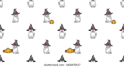 cat seamless pattern Halloween pumpkin witch hat kitten vector calico cartoon repeat wallpaper scarf isolated tile background character doodle illustration design