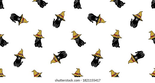 cat seamless pattern Halloween pumpkin witch hat kitten vector calico cartoon repeat wallpaper scarf isolated tile background character illustration doodle black design