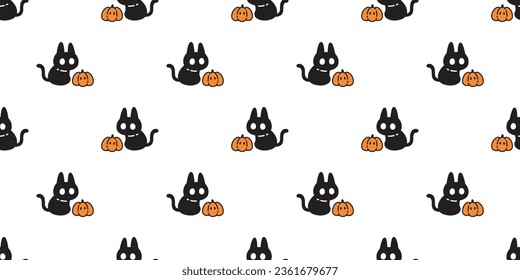 cat seamless pattern halloween pumpkin jack o lantern black kitten cartoon neko calico spooky ghost vector pet breed doodle gift wrapping paper tile background repeat wallpaper illustration design iso