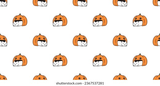 cat seamless pattern Halloween pumpkin kitten calico vector doodle cartoon character gift wrapping paper tile background repeat wallpaper scarf isolated