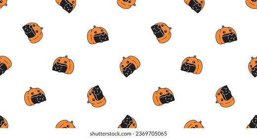 cat seamless pattern Halloween pumpkin kitten calico vector doodle cartoon character gift wrapping paper tile background repeat wallpaper black scarf isolated