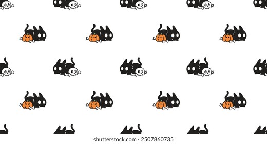 cat seamless pattern halloween pumpkin skull bone cartoon black kitten calico doodle pet tile background gift wrapping paper repeat wallpaper illustration