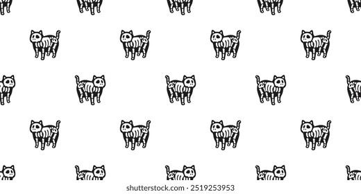 cat seamless pattern halloween skeleton skull bone cartoon black kitten calico doodle pet tile background gift wrapping paper illustration scarf isolated repeat wallpaper