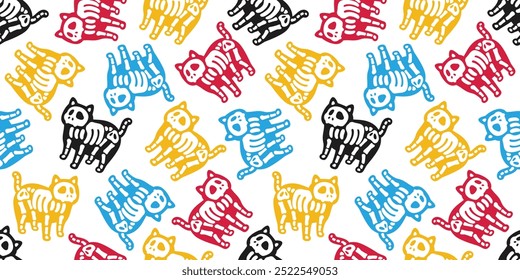 cat seamless pattern halloween skeleton skull bone cartoon rgb color kitten calico doodle pet tile background scarf isolated gift wrapping paper illustration repeat wallpaper