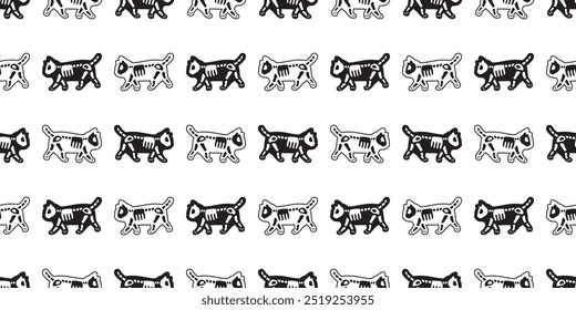 cat seamless pattern halloween skull bone skeleton cartoon black kitten calico walking doodle pet tile background gift wrapping paper scarf isolated repeat wallpaper illustration