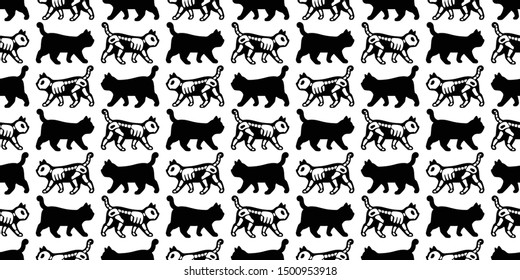 cat seamless pattern Halloween vector kitten skull bone skeleton cartoon scarf isolated repeat wallpaper tile background illustration doodle design