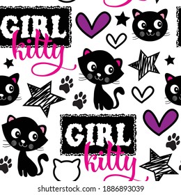 Cat seamless pattern with heart, star, paw, girl kitty lettering vector illustration. Vector background design with cats for wallpaper, fabric, textile, packing