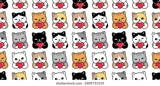 cat seamless pattern heart valentine vector kitten calico munchkin neko cartoon pet doodle gift wrapping paper illustration tile background repeat wallpaper isolated design