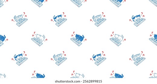 cat seamless pattern keyboard piano music turntable kitten neko footprint calico munchkin pet vector cartoon doodle gift wrapping paper tile background repeat wallpaper illustration isolated design