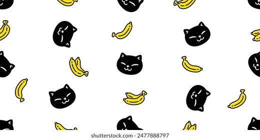 cat seamless pattern kitten banana fruit calico neko vector pet cartoon doodle gift wrapping paper tile background repeat wallpaper scarf isolated illustration black design