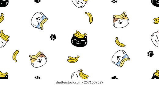 cat seamless pattern kitten banana fruit calico paw footprint neko vector pet face head smile breed cartoon doodle tile background gift wrapping paper repeat wallpaper scarf isolated illustration