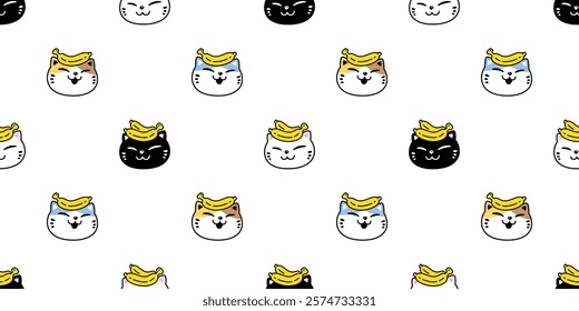 cat seamless pattern kitten banana fruit calico neko vector pet face head smile breed cartoon doodle tile background gift wrapping paper repeat wallpaper scarf isolated illustration design