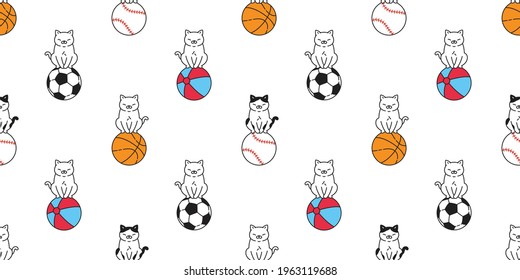 cat seamless pattern kitten beach ball calico basketball baseball sport pet scarf isolated cartoon animal tile wallpaper repeat background doodle illustration design