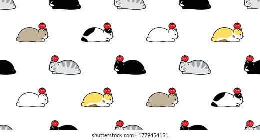 cat seamless pattern kitten calico breed vector pet apple fruit scarf isolated repeat wallpaper cartoon animal tile background illustration doodle design