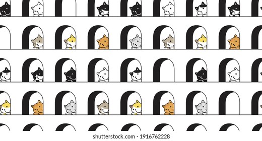 cat seamless pattern kitten calico vector pet window door house repeat background cartoon animal tile wallpaper scarf isolated illustration doodle design