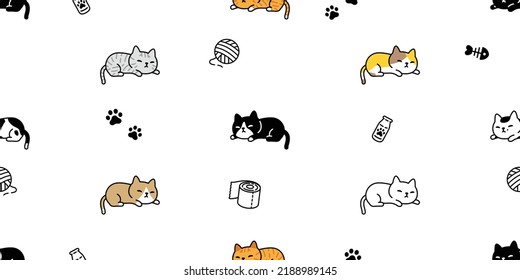 cat seamless pattern kitten calico sleeping vector neko breed paw footprint milk bottle gift wrapping paper character cartoon pet tile background repeat wallpaper animal doodle illustration