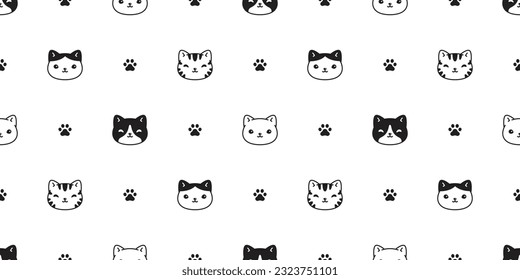 cat seamless pattern kitten calico face head paw footprint neko vector cartoon character breed pet gift wrapping paper tile background repeat wallpaper animal doodle illustration design scarf isolated