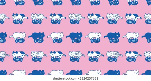 cat seamless pattern kitten calico neko hug fish vector character cartoon breed pet doodle gift wrapping paper tile background repeat wallpaper animal illustration design scarf isolated