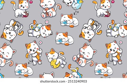 cat seamless pattern kitten calico vector pet breed sitting cartoon scarf isolated repeat background animal doodle tile wallpaper illustration design