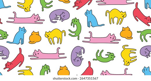 cat seamless pattern kitten calico colorful doodle cartoon pet animal illustration tile background gift wrapping paper repeat wallpaper scarf isolated