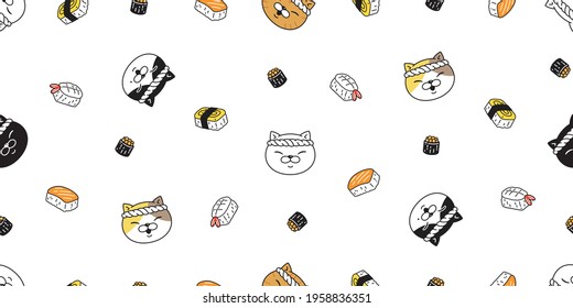 Cat Seamless Pattern Kitten Chef Sushi Ramen Head Calico Japan Food Vector Pet Scarf Isolated Cartoon Animal Tile Wallpaper Repeat Background Illustration Doodle Design