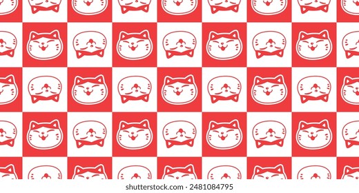 cat seamless pattern kitten laughing smile checked red calico neko vector pet cartoon doodle tile background gift wrapping paper repeat wallpaper scarf isolated illustration design